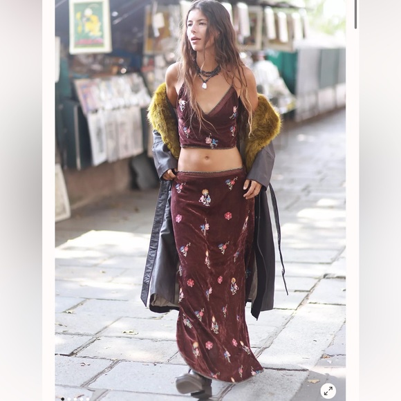 Free People Sonja Velvet Embroidered Floral Top& Maxi Skirt Slip Set